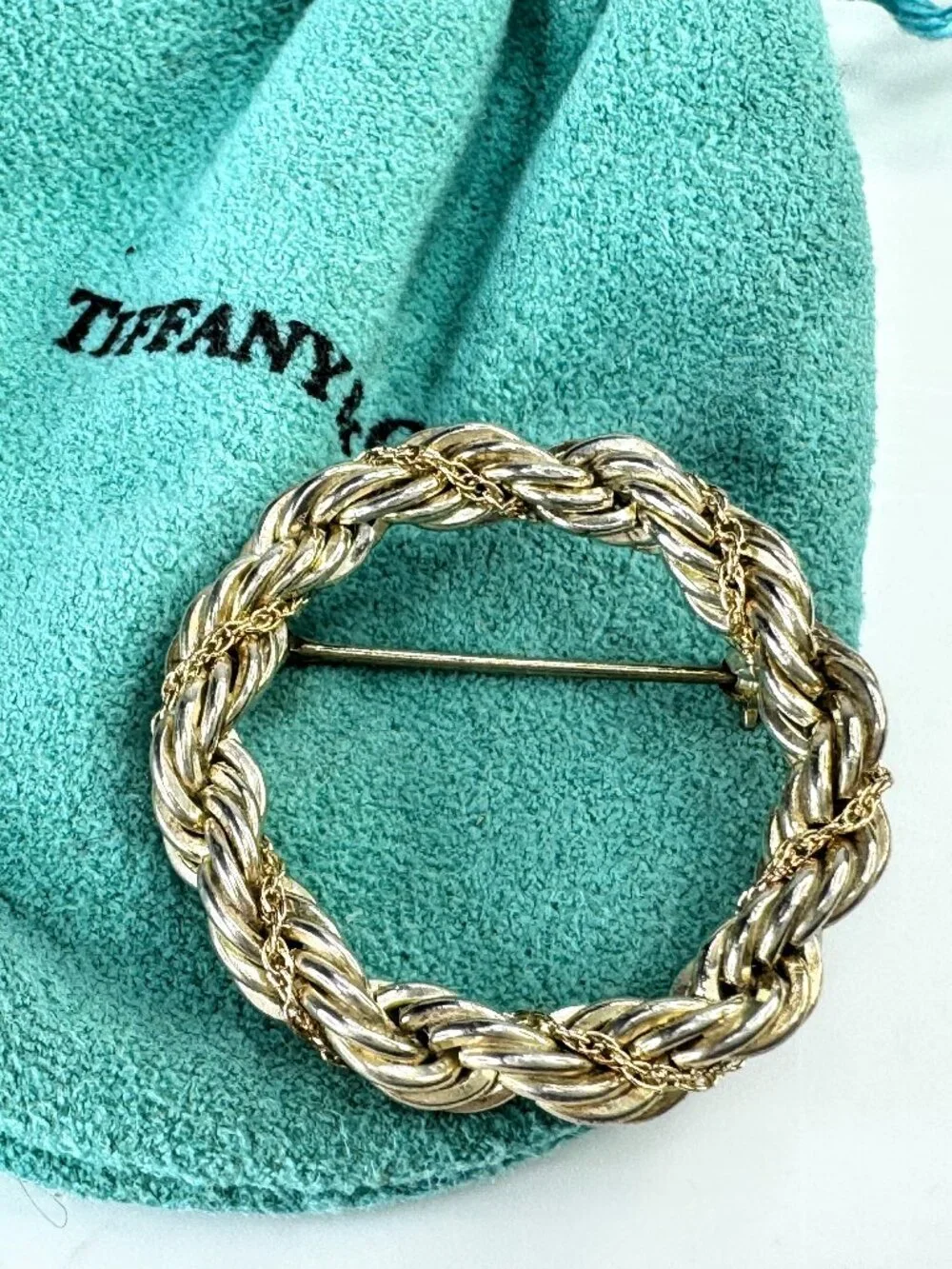 Vintage Tiffany & Co. 18K Gold Sterling Silver Twist Rope Wreath Brooch JR1878